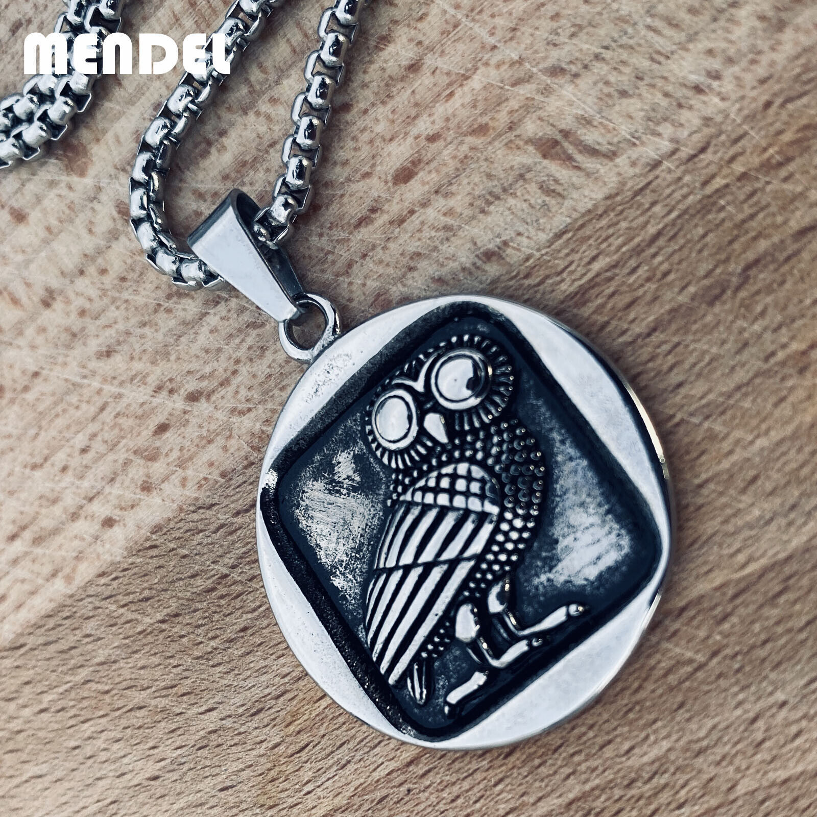 MENDEL Vintage Mens Womens Good Luck Bird Owl Pendant Necklace Stainless Steel