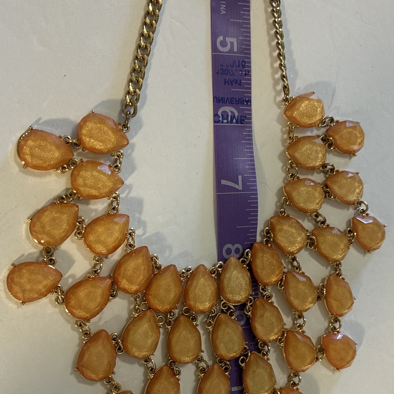 Neon Orange Statement Bib Necklace Gold Tone Teardrop Chunky Acrylic Costume 18”