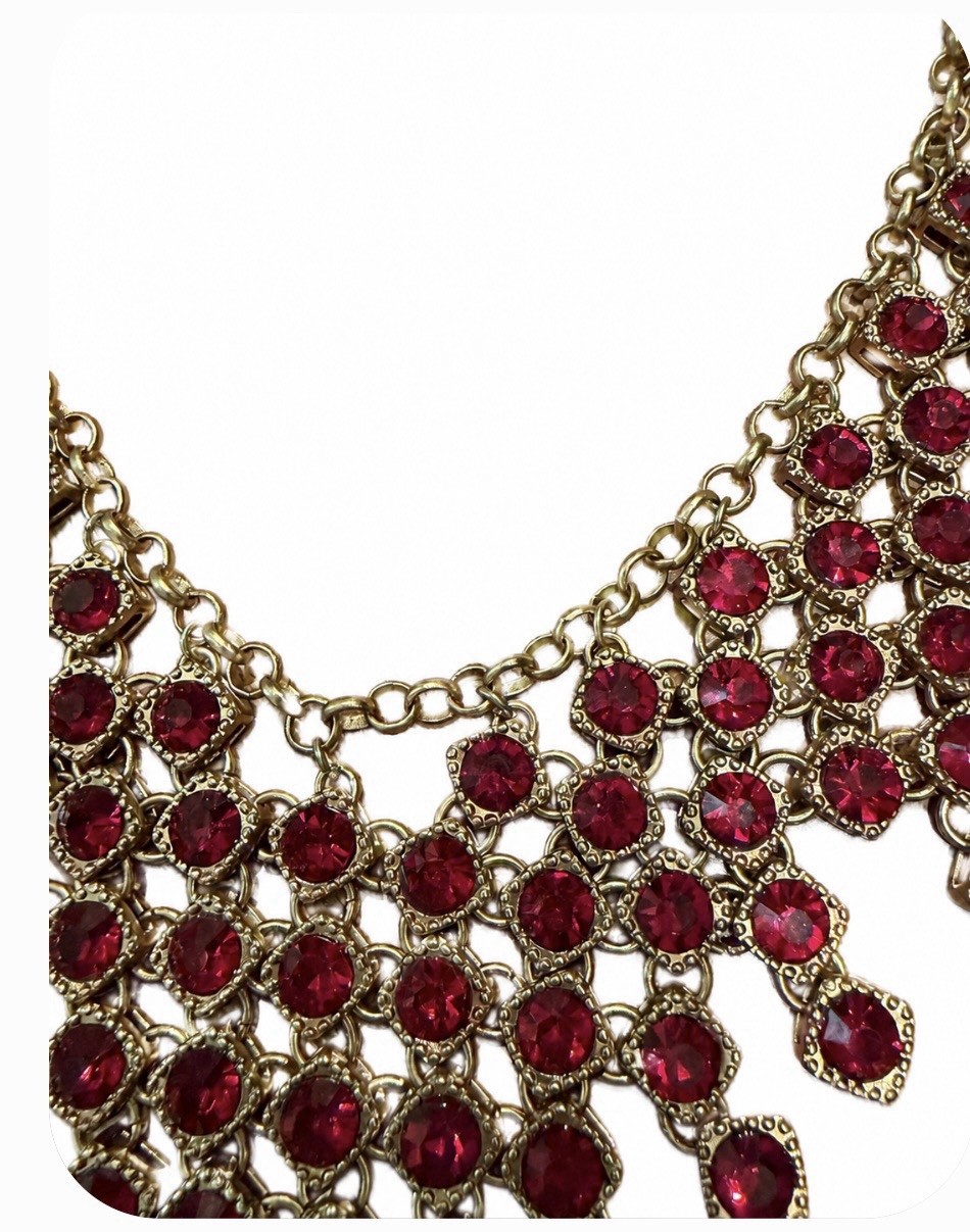 NWT WHBM Red Crystal Gold-Tone Waterfall Bib Statement Necklace