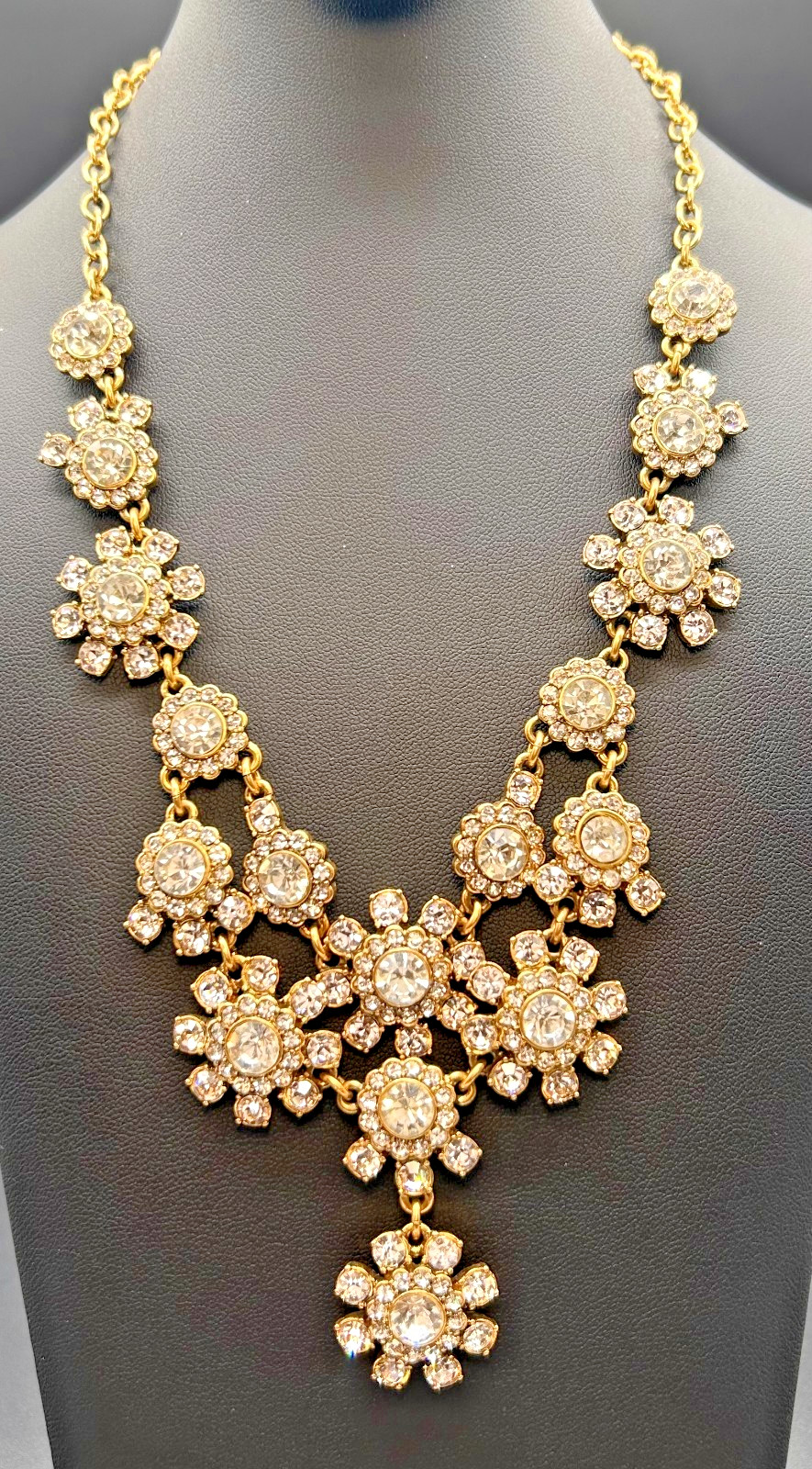 J Crew Crystal Flower Statement Necklace Gold Tone Rhinestone Floral Bib Signed