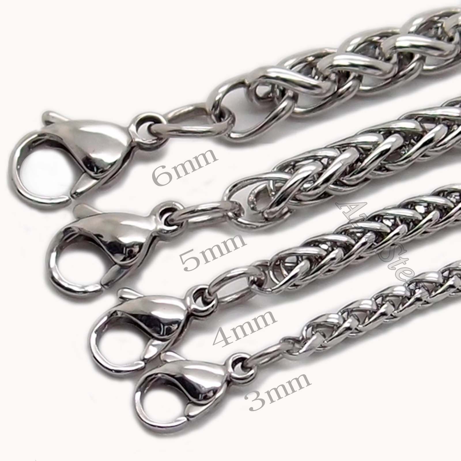 3/4/5/6MM 18-36″ MENS Silver Stainless Steel Wheat Braided Chain Necklace Link