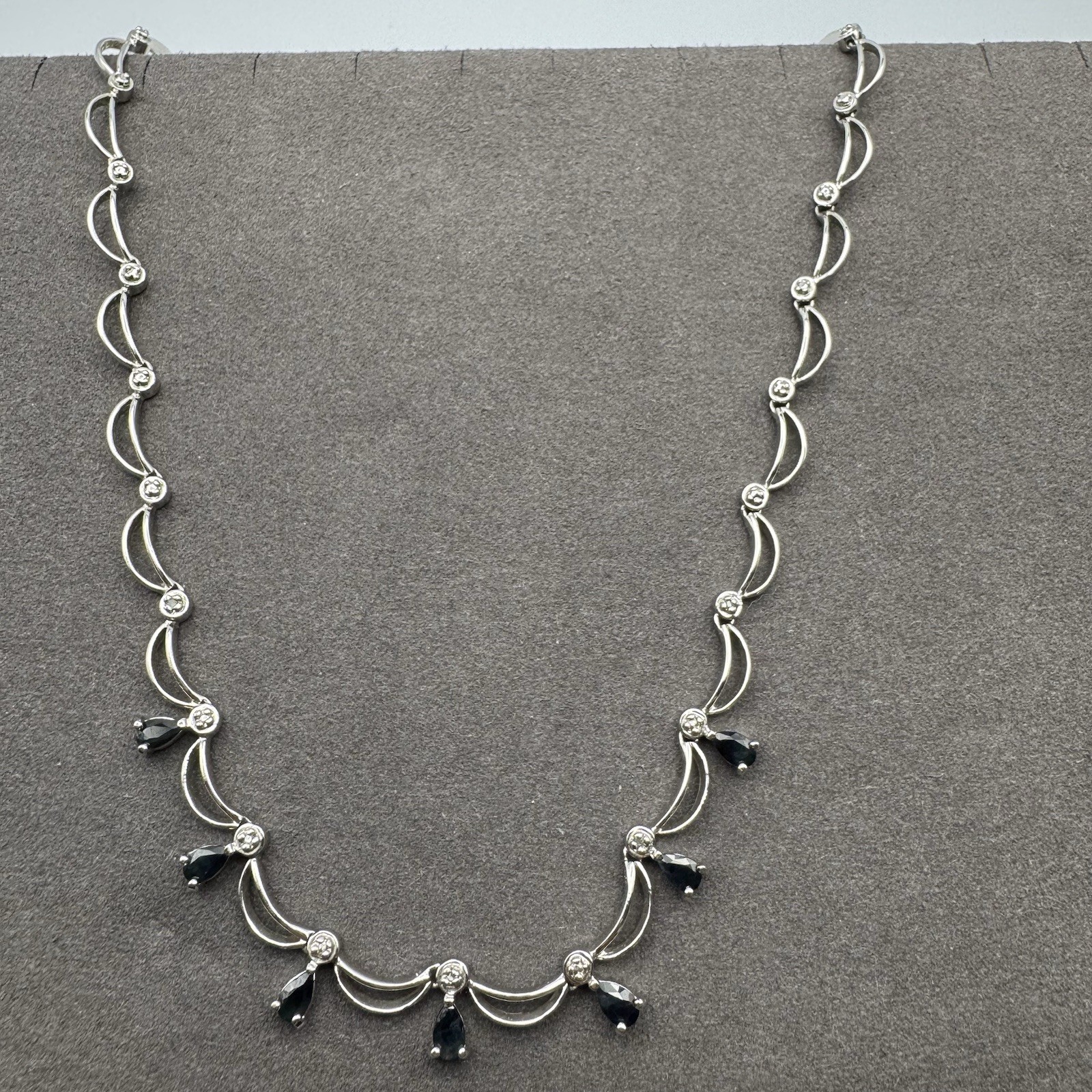 925 Sterling Silver Blue Sapphire Diamond Fringe Swag Festoon Necklace Stamped