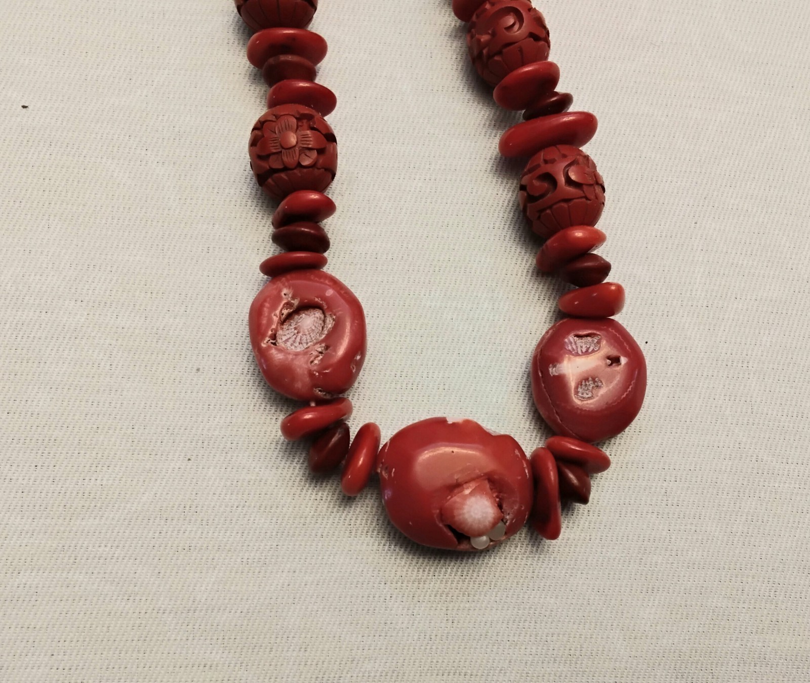Vintage Chunky Bamboo Coral Necklace With Carved Beads & Metal Hook Closure