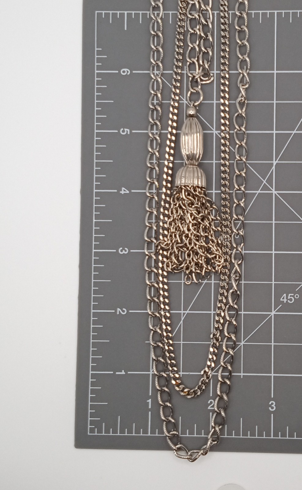 Tassel Silver Tone Necklace, 18″ Layered w/ 2 Longer Curb chains, Stylish