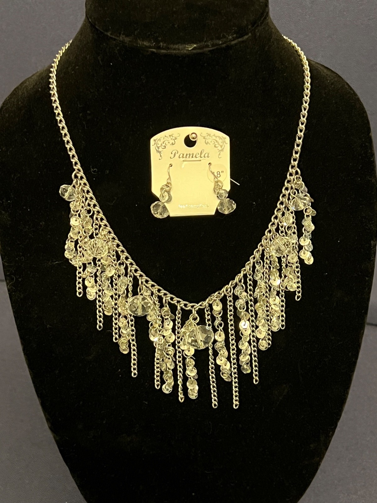 Modernist Silver Tone & Crystal Fringe Statement Necklace & Matching Earrings