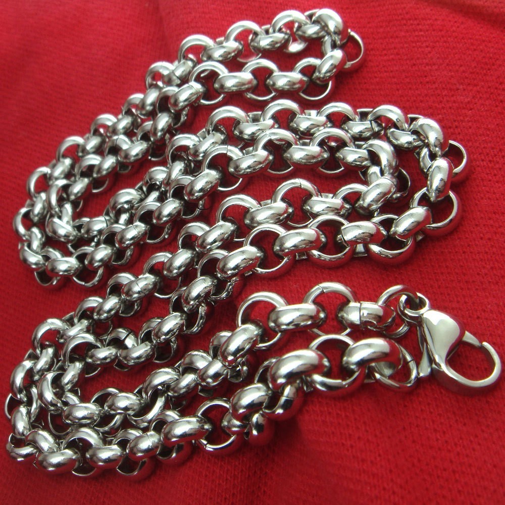 Silver Large 12mm Stainless Steel chunky Round Rolo Link Chain Necklace For Mens
