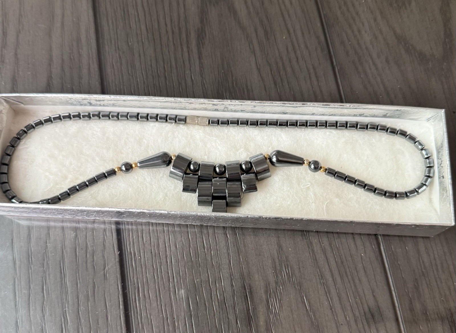 Gray Hematite Stone Beaded Necklace, Ball/Bead Chain, Geometric Charm Pendant