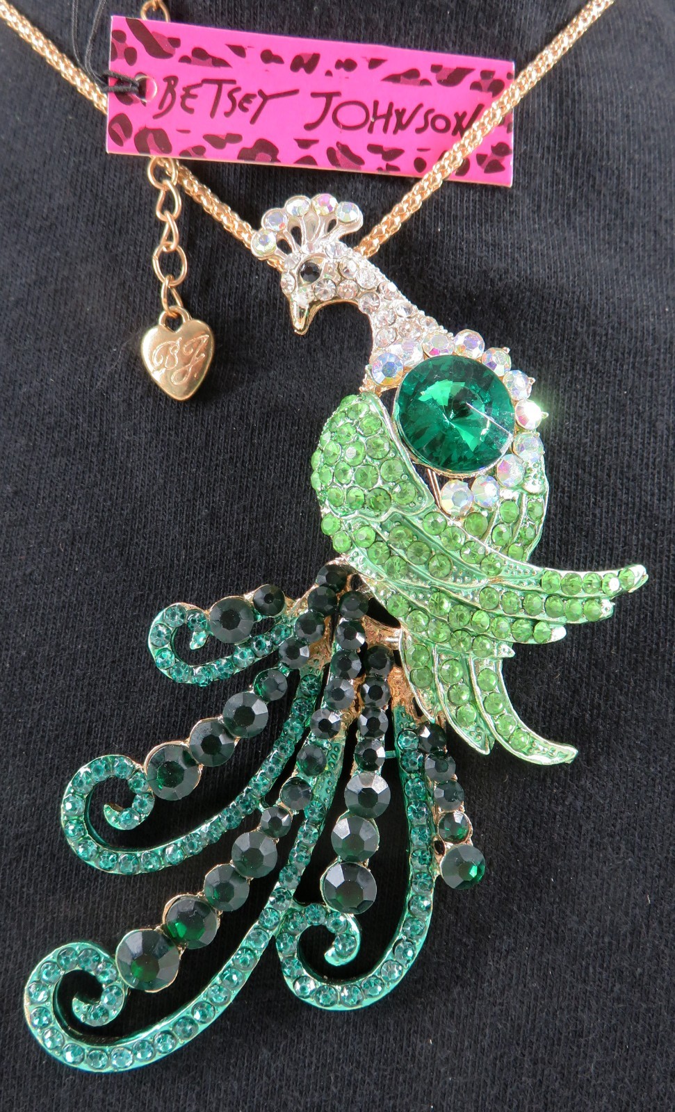 NWT-Betsey Johnson Multi-Color Crystal Peacock Pendant Brooch Goldtone Necklace