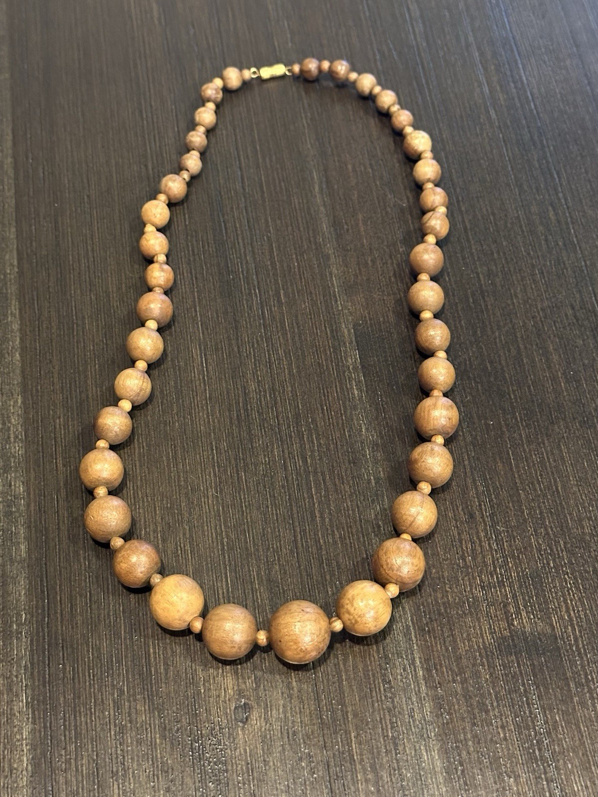 Vintage 1970s Chunky Graduated Wooden Bead Necklace with Brass Barrel Clasp