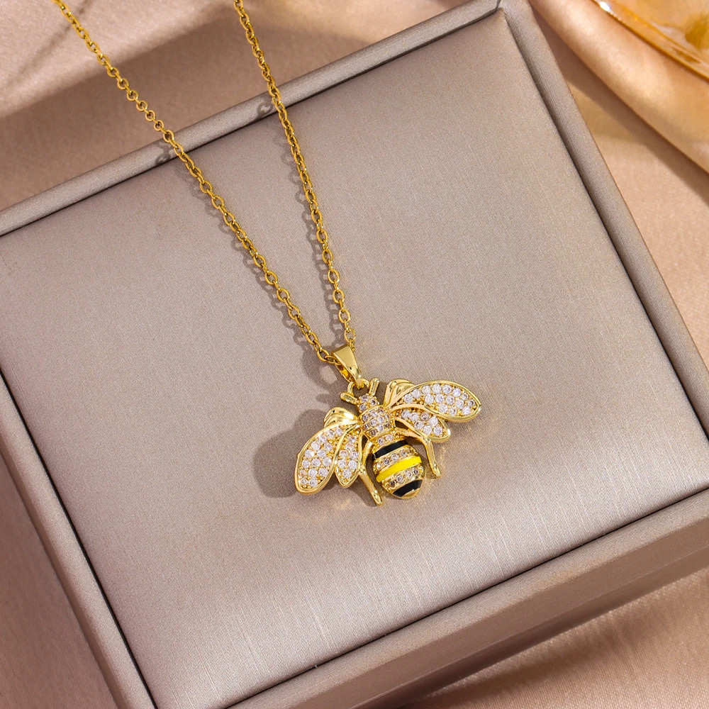 18K Gold Plated Zircon Crystal Bee Pendant Necklace Women Stainless Steel Chain