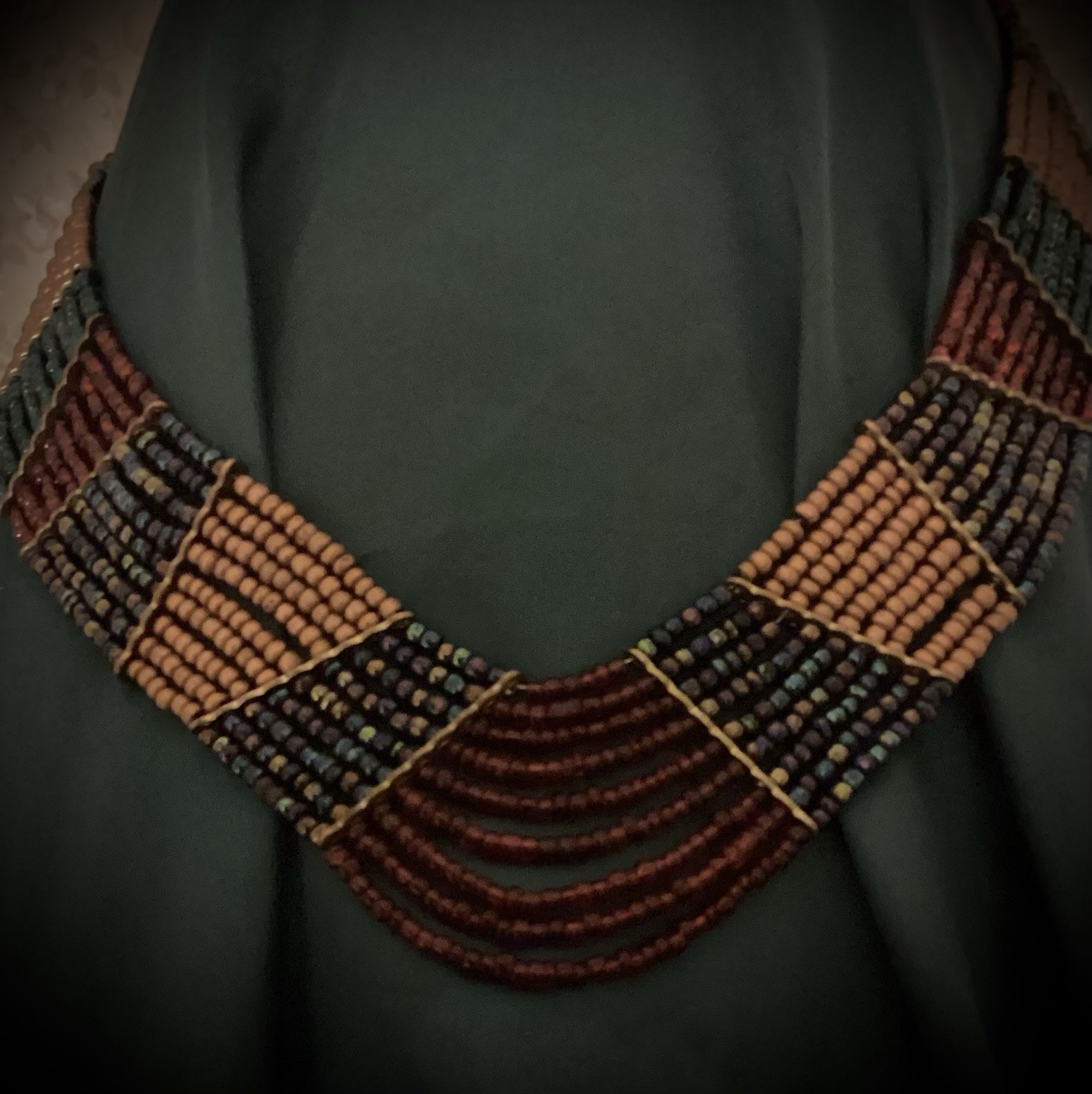 Versatile Statement Necklace Burgundy Gold Teal Iridescent Glass Bead Cleopatra