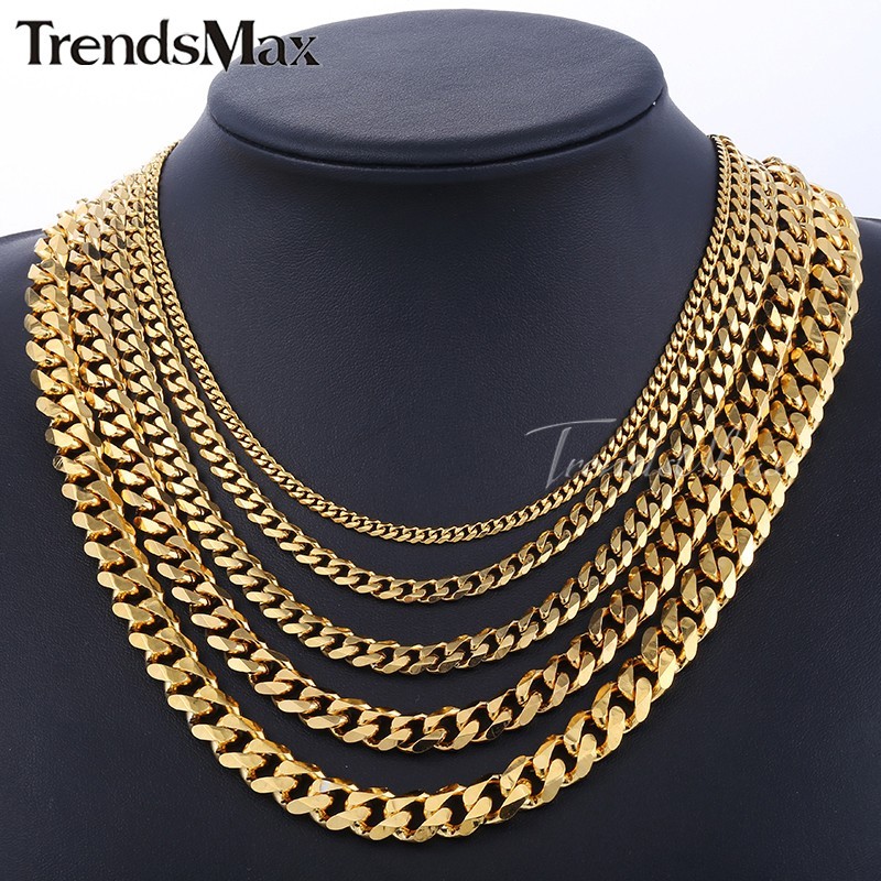 3/5/7/9/11mm Men Gold Plated Curb Cuban Link Chain Necklace Bracelet Xmas 16-30″