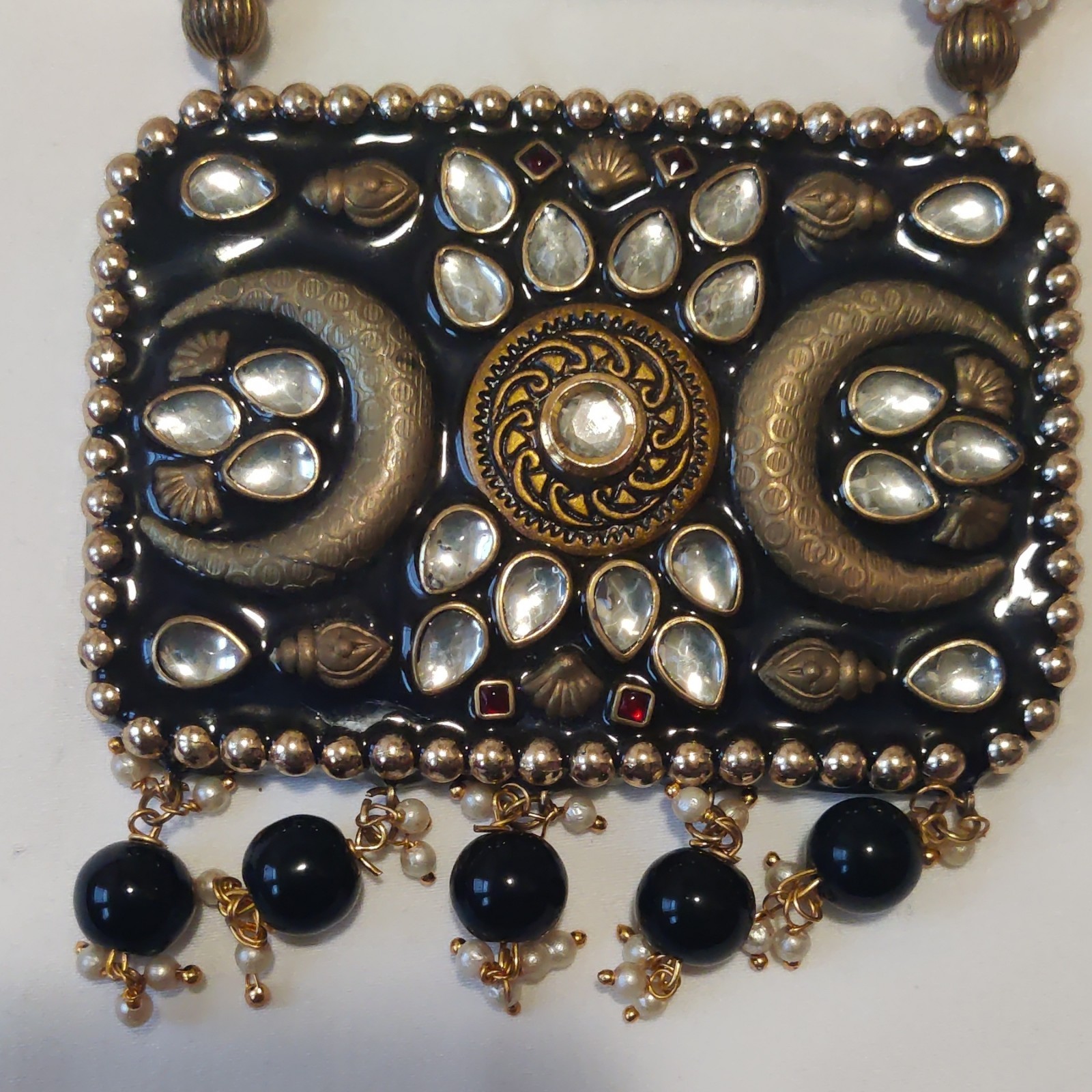 Gold Tone Black & White Glass Bead Statement Rectangle Charm Pendant Necklace