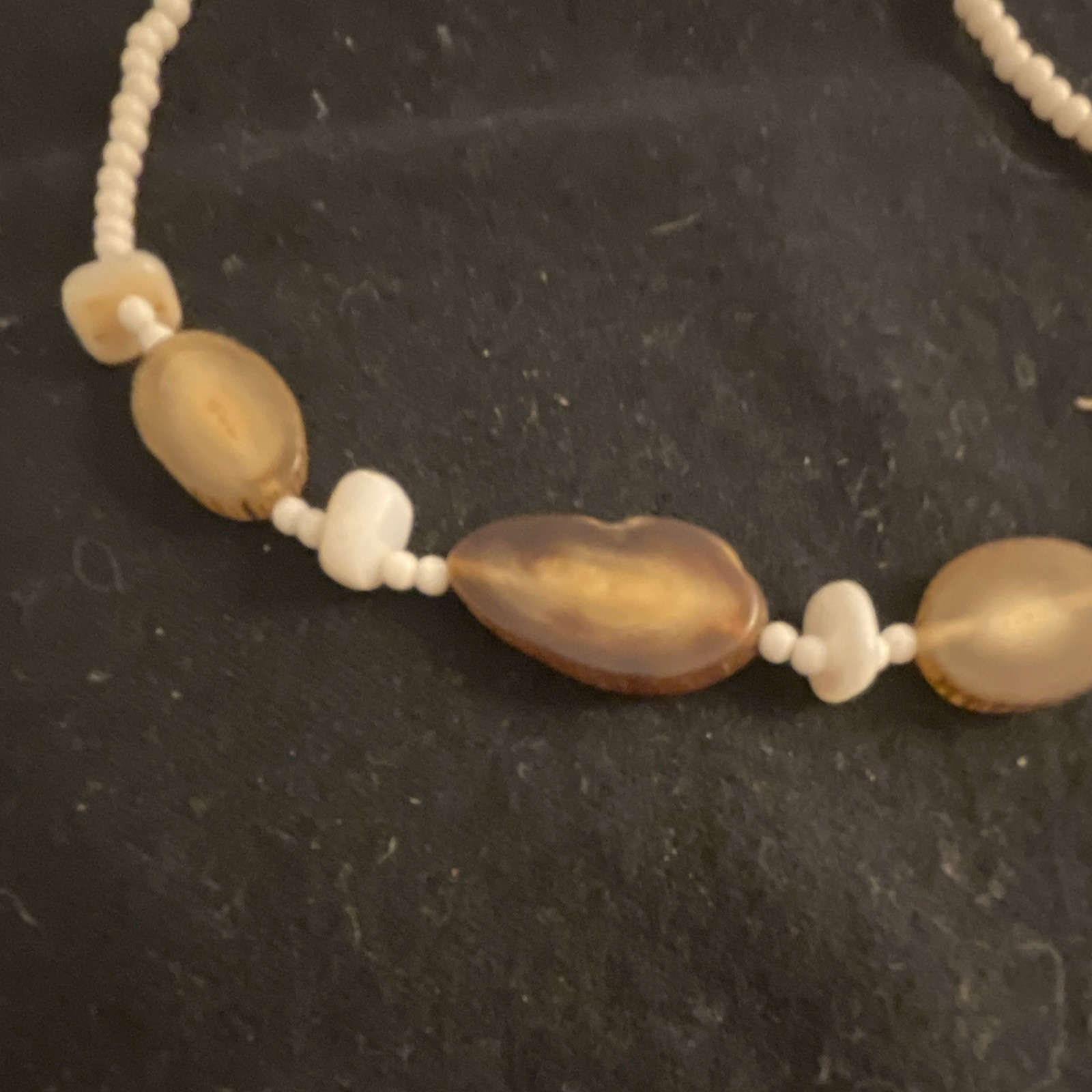 White Brown Beaded Necklace Brown Chip Beads Asymmetrical Pendant Hook Closure