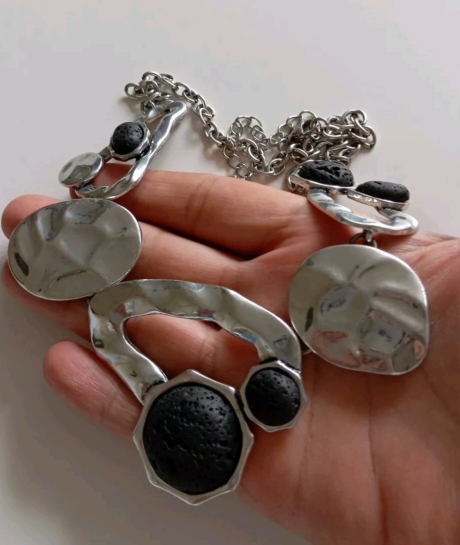 Designer ENSA CANARIAS Silver Tone Lava Beaded Abstract Necklace-48cm Long-Artsy