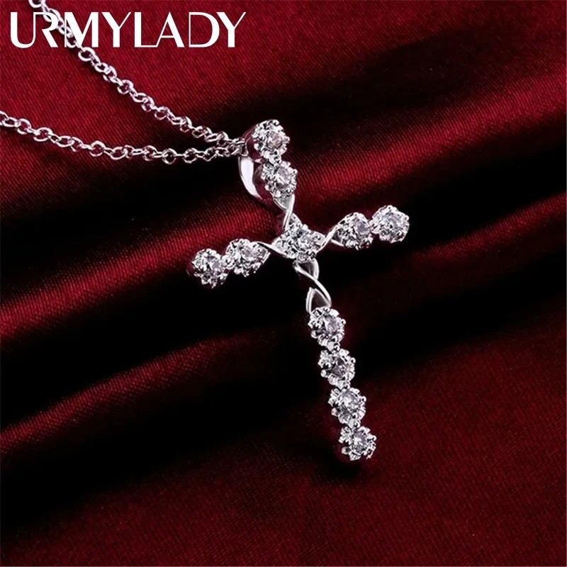 Womens 925 Sterling Solid Silver charm Cross Pendant Necklace 18” Link Chain