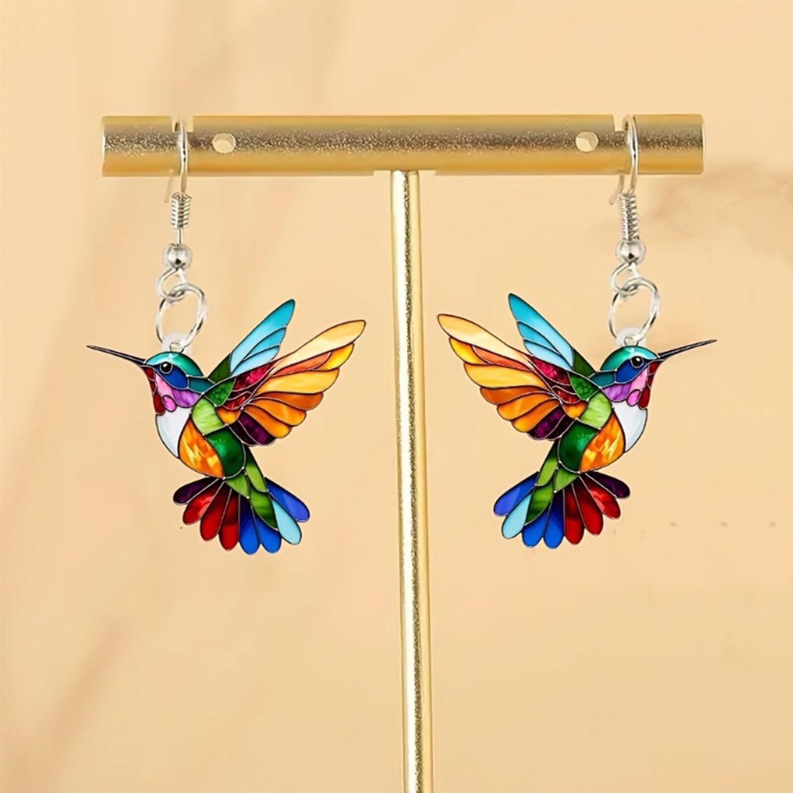 Colorful Hummingbird Necklace Acrylic 2D Hypoallergenic Cute Bird Earrings