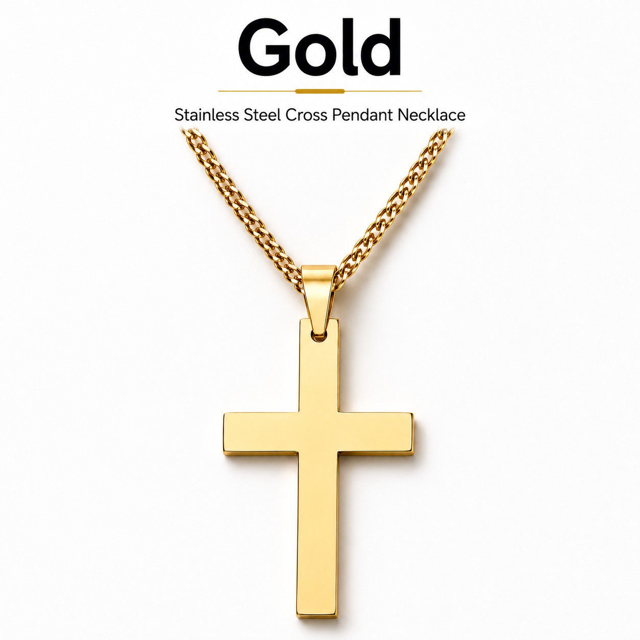 Cross Pendant Necklace Men Women Cuban Link Chain Stainless Steel Gold Silver