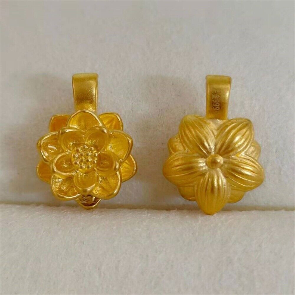 Real 24K Yellow Gold 3D Lotus Flower Pendant 18K Yellow Gold O Chain Necklace