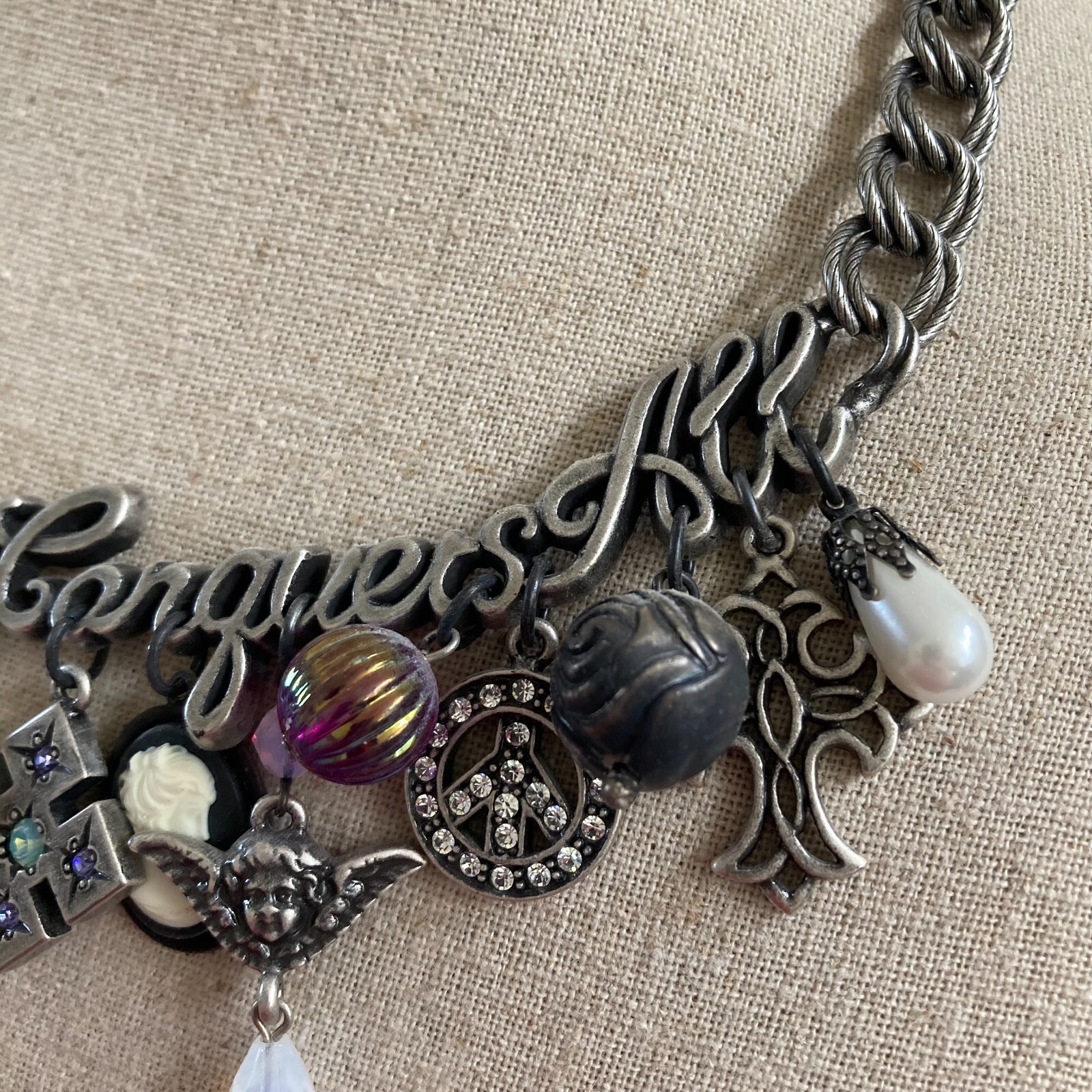 Love Conquers All Beaded Charm Necklace Silvertone 15″ with 3.75″ Extender