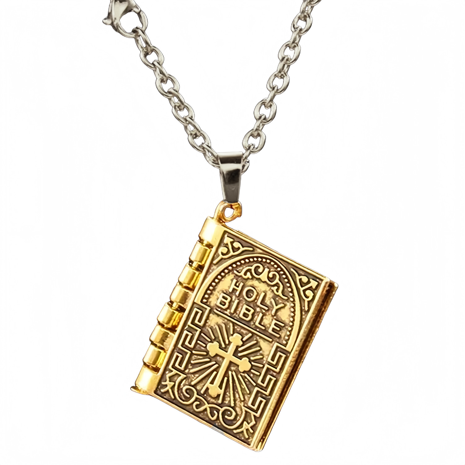 Men Women Vintage Gold Jewelry Bible Book Cross Pendant Daily Wear Necklace
