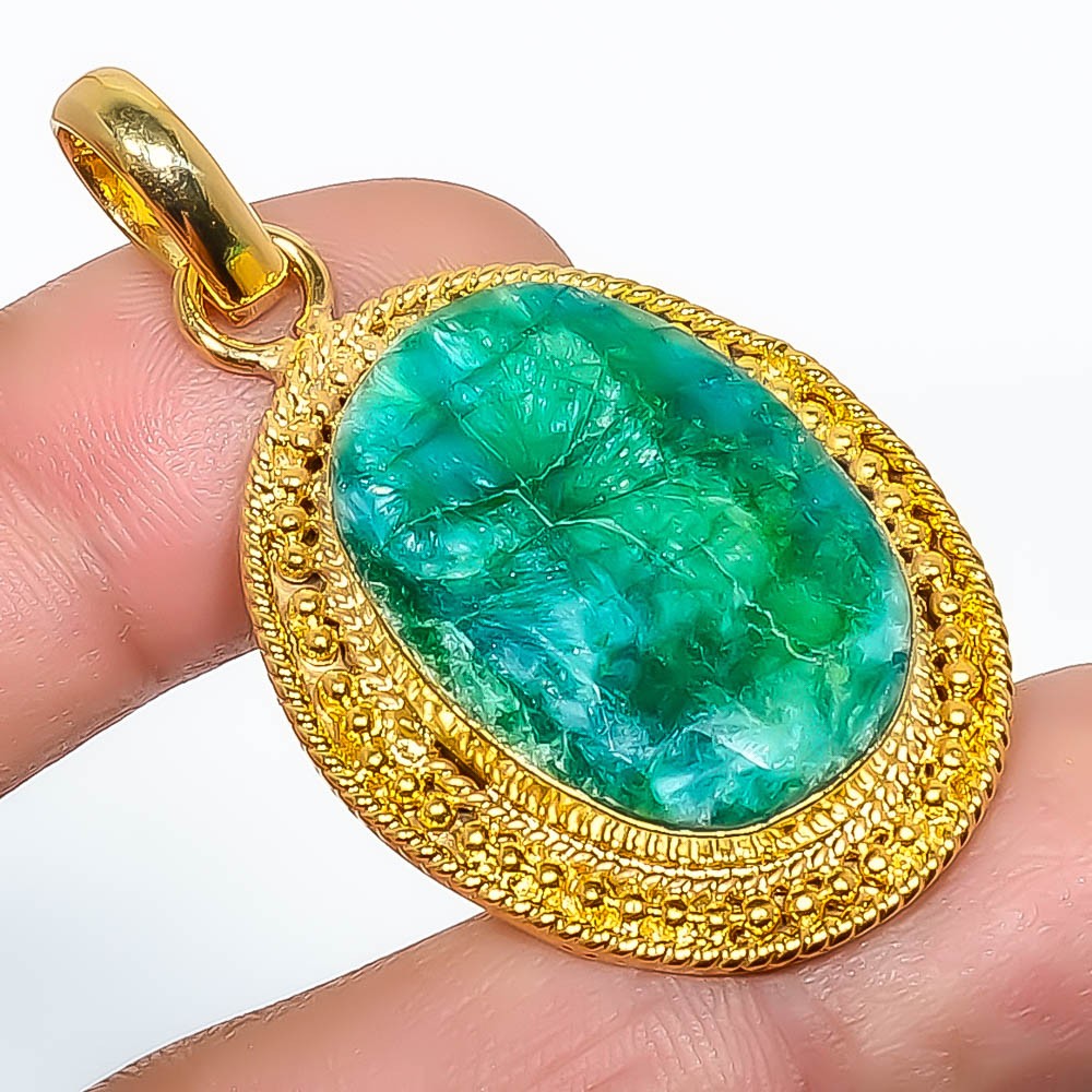 Emerald (Lab-Created) Gemstone 925 Silver Gold Plated Pendant 1.95″ P7622-207