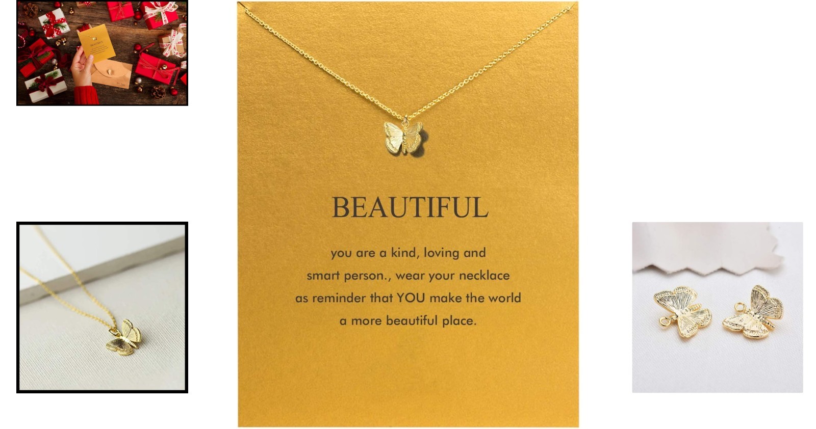 14K Gold-Plated Butterfly & Elephant Necklace with Inspirational Message Card