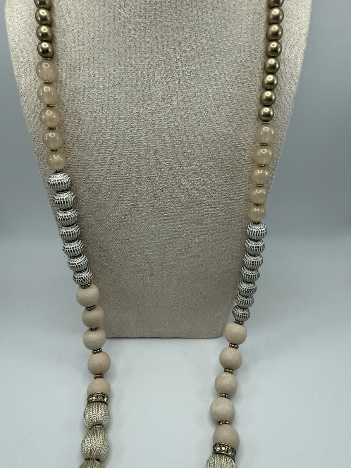 Chico’s 40” Mixed Metals & Textures Beaded Necklace Gold/Silver/Pink/Beige Tones