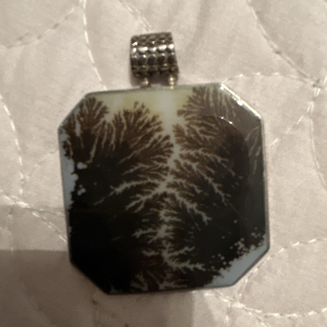 Octagon Pendant Necklace Charm, Silver Tone, Black & White Resin Inlay