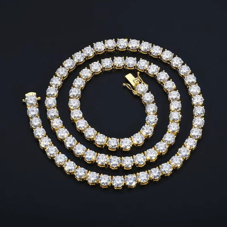 Yellow Gold Plated Tennis Necklace Round White/Colorless CZ Prong Box Clasp