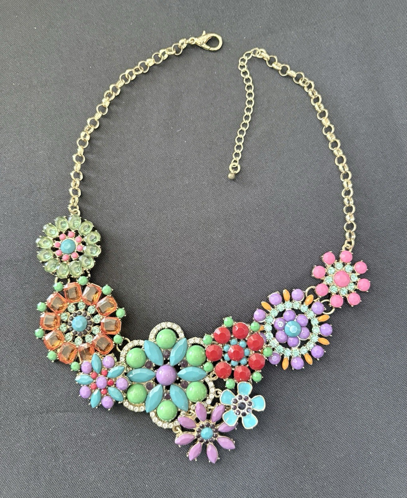 Colorful Floral Statement Necklace Gold Tone Interconnected Flowers