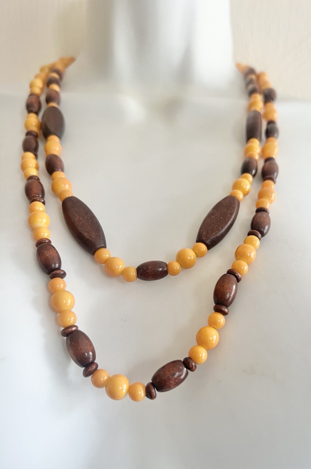 VINTAGE Beaded Necklace Double Drop Yellow Brown Jewelry Accessory Beads