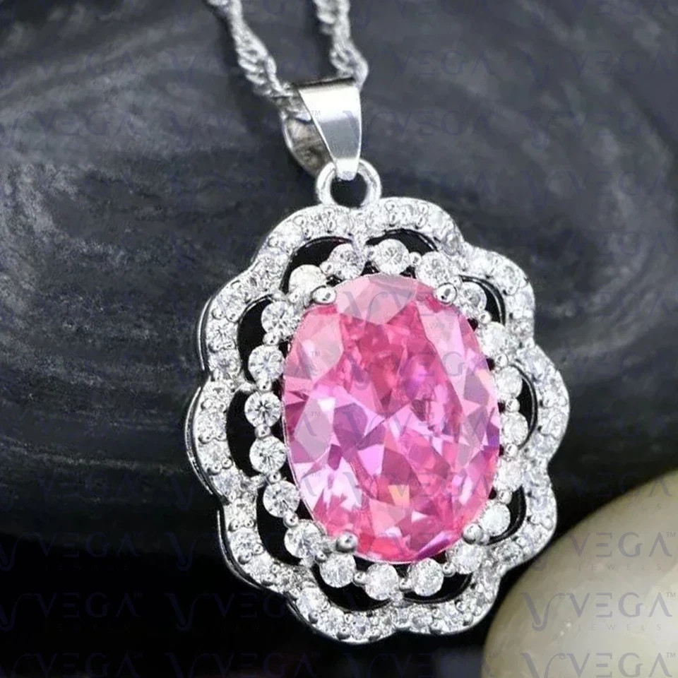 3.11 Ct Oval Cut Pink Sapphire Pendant Wedding Pendant 14K White Gold