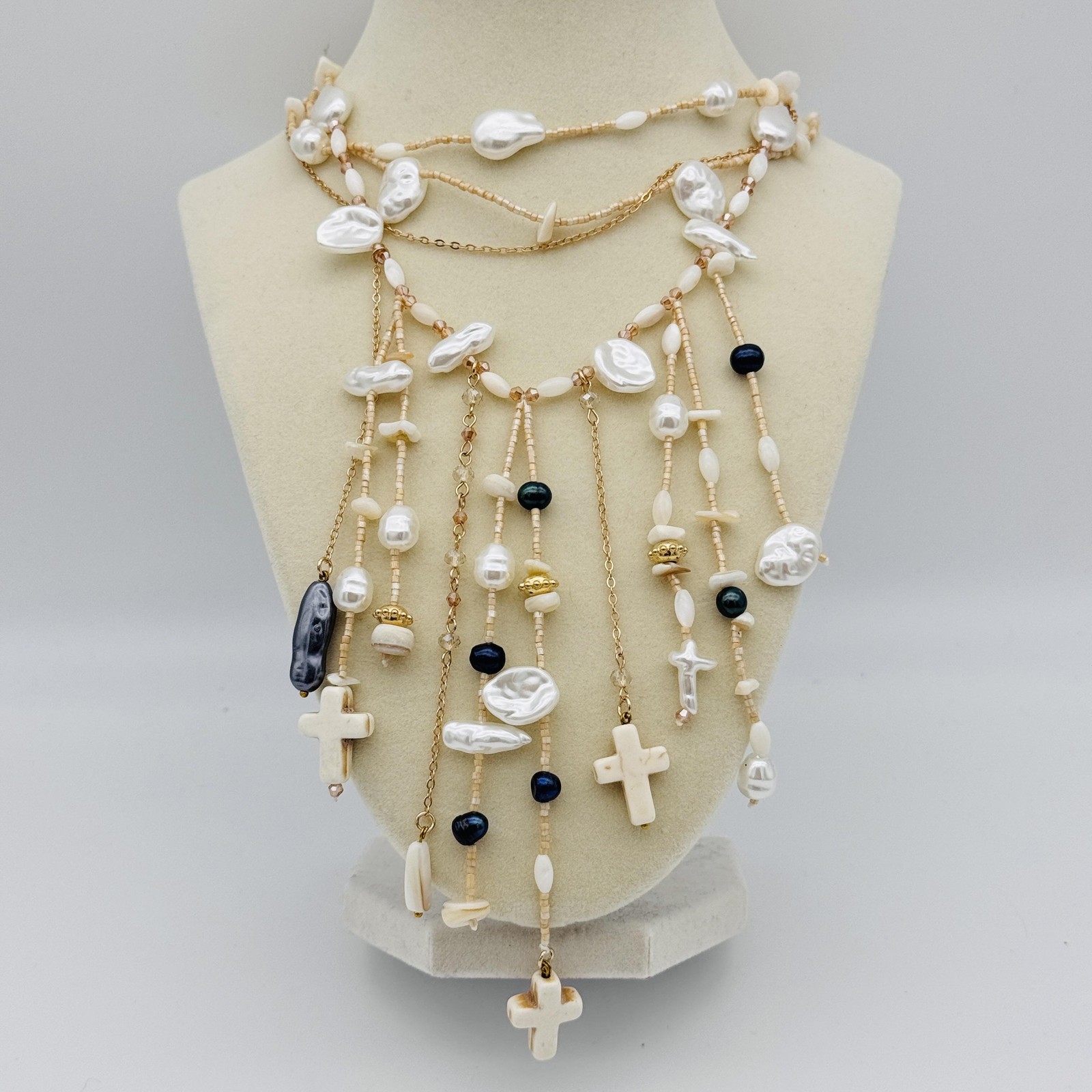 Free People Ariana Ost Something Beautiful Necklace Beaded Layer Cross Statement