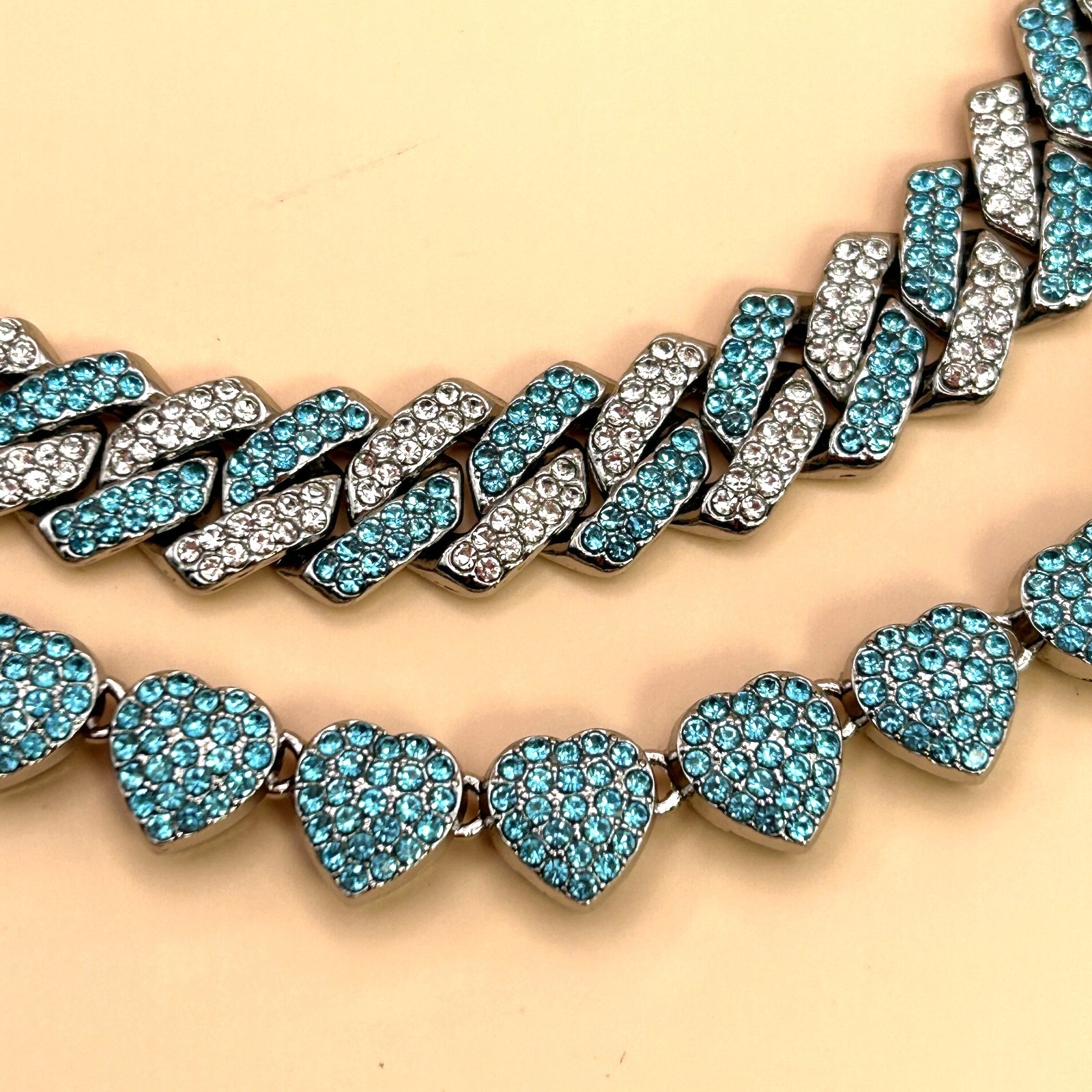 Blue Rhinestone Cuban Link & Heart Chain Necklace Set Statement Jewelry