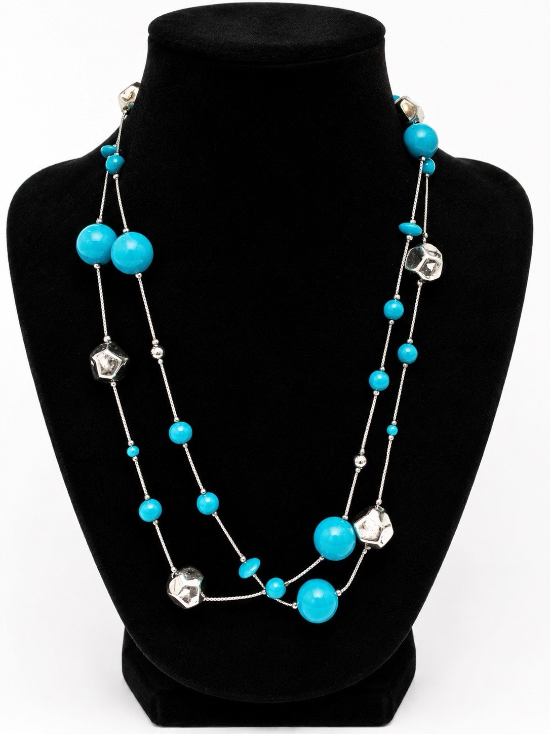 Blue Silver Tone Double Strand Beaded Long Necklace Geometric Station