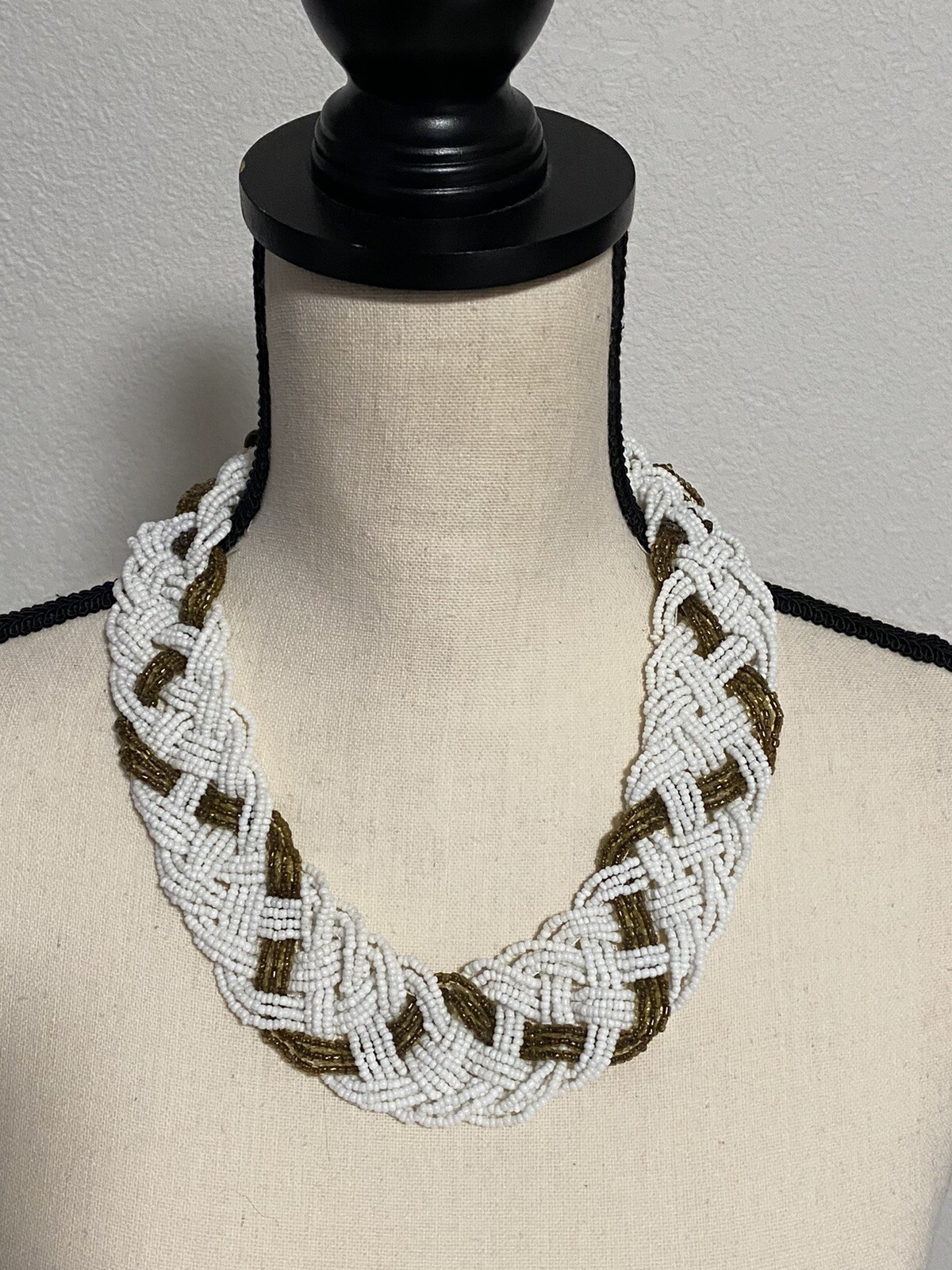 Vintage Woven Braided Seed Bead Necklace Gold White Choker Torsade Bib Collar