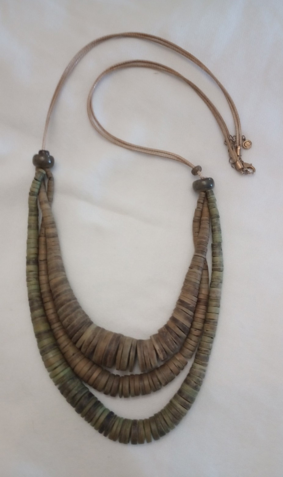 Brown & Green Multi-Strand Wood Bead Cord Necklace, Adjustable, Bohemian