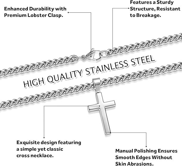 Simple Cross Necklace for Men Women with 18-26 Inch Chunky Cuban Chain, Durab…