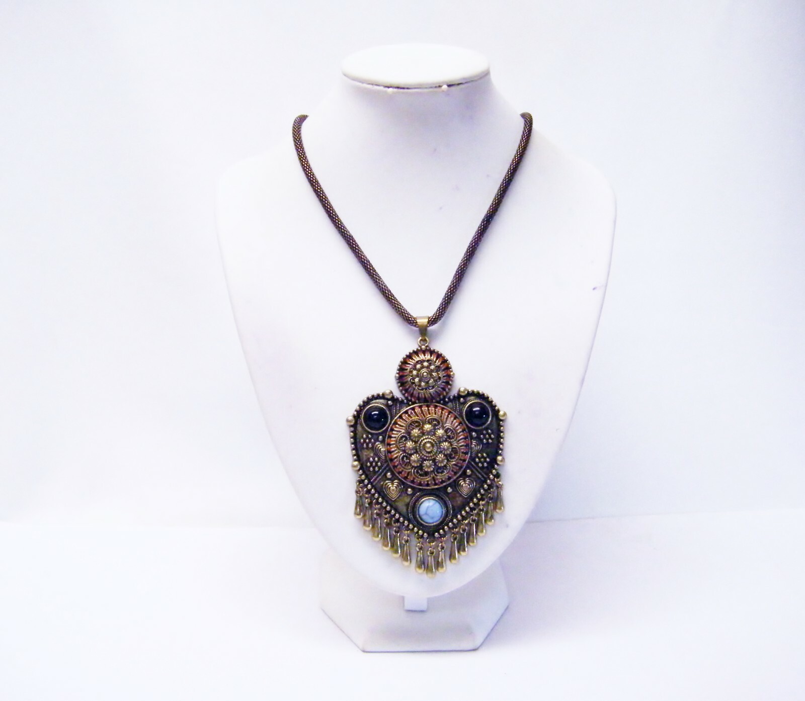 Large Antique Bronze Plated Ornate Boho Ethnic Tribal Pendant Choker Necklace