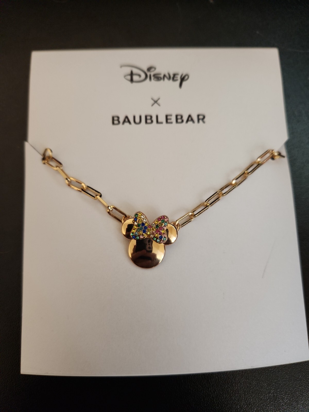 NEW Disney Baublebar Minnie Mouse Head Rhinestones Holiday Gold Chain Necklace