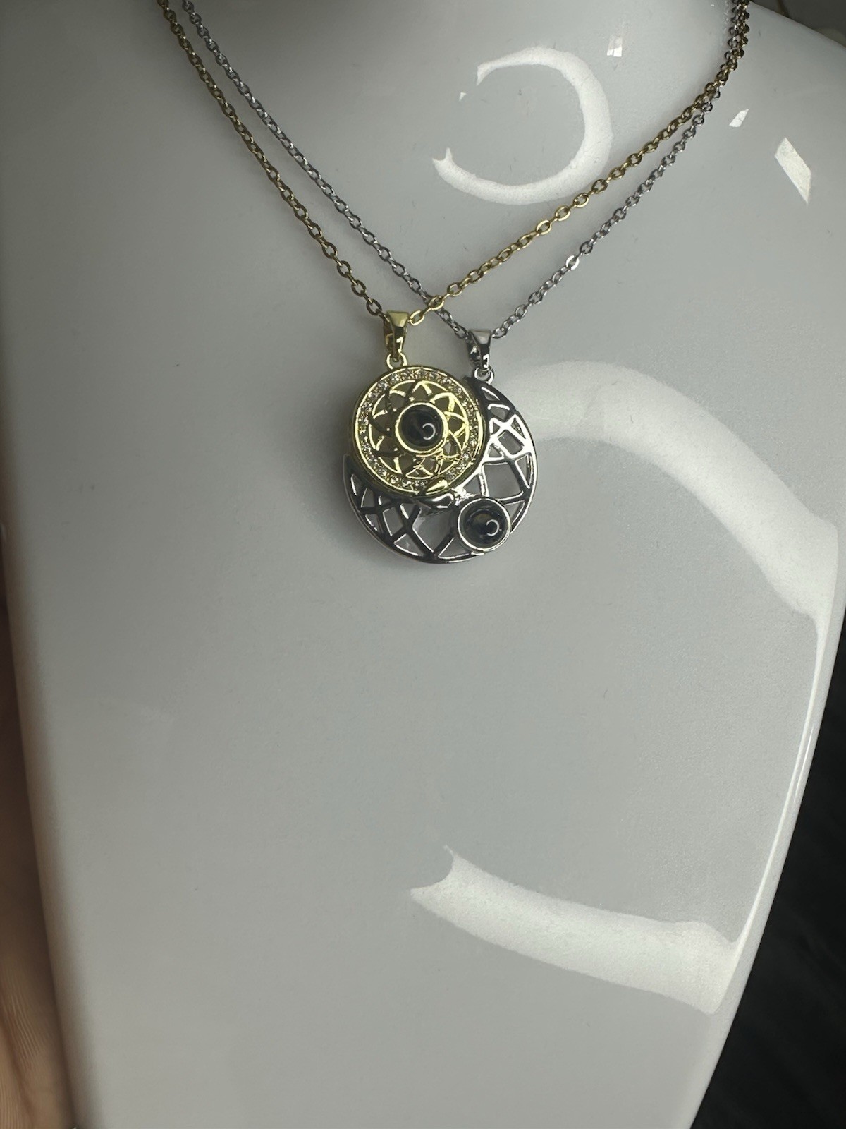 Geometric Round Pendant Layered Necklace Simulated Black Crystal, Gold/Silver