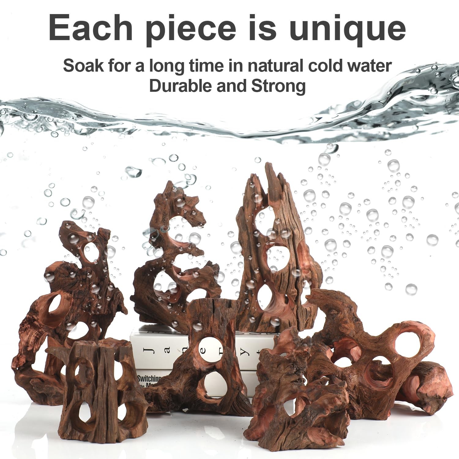 Natural Wood Aquarium Cave Betta Fish Hideout for 7.1-9.8 Inch, multi-hole
