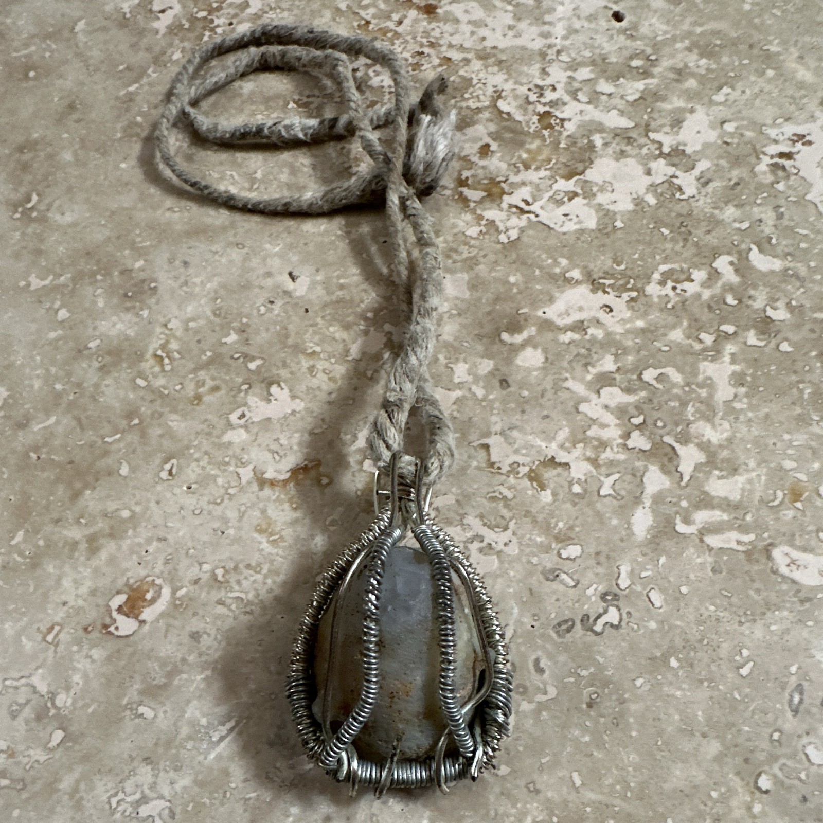 Handcrafted Necklace, Wire Wrapped Agate Druzy Pendant on Hemp Cord (from CO)