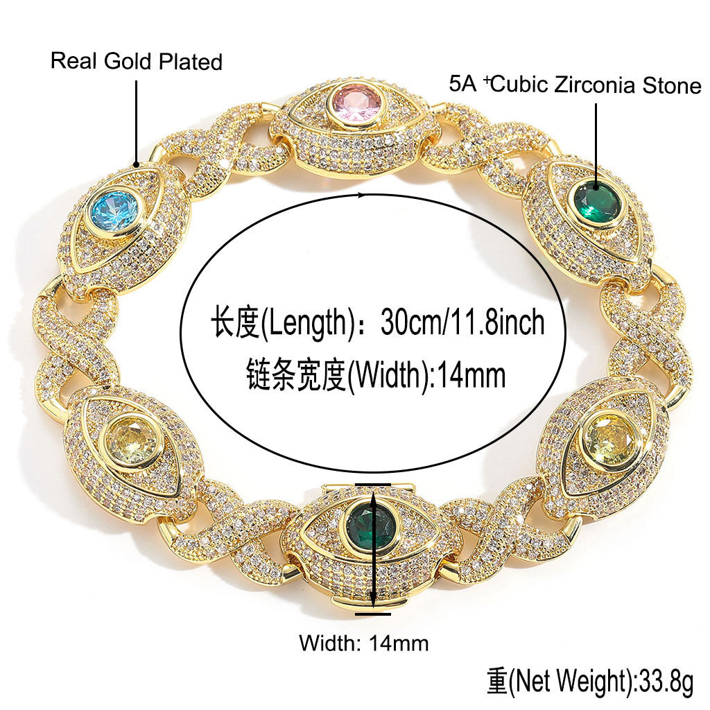Hip Hop Colorful Eye Cuban Chain Necklace Bracelets 5A Zircon Mens Jewelry