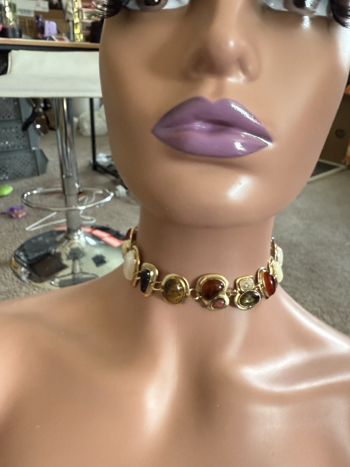 Gold Choker Necklace Chunky Statement White Brown Black