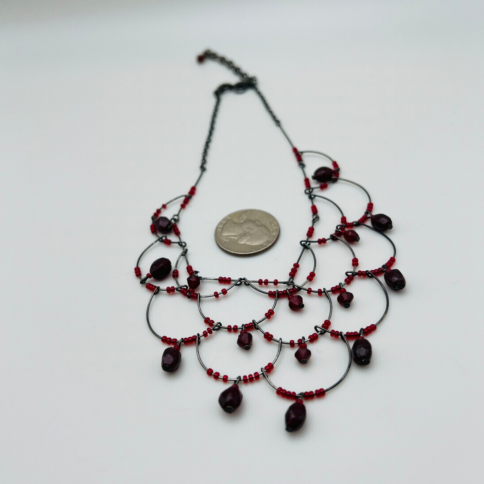 Red Beaded Bib Necklace Gunmetal Wire Statement Boho Fashion Jewelry