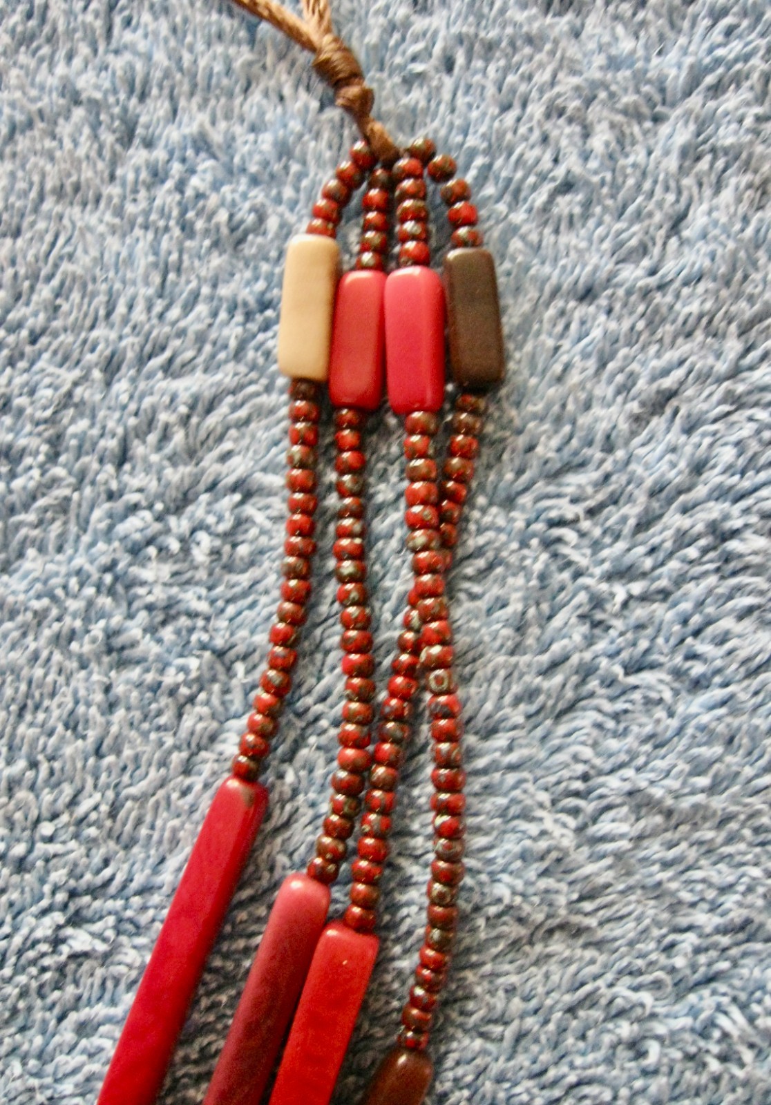 Tube Beads Necklace; Corded; 11″ Drop as Shown (Adjustable) Red Hues; Seed Beads