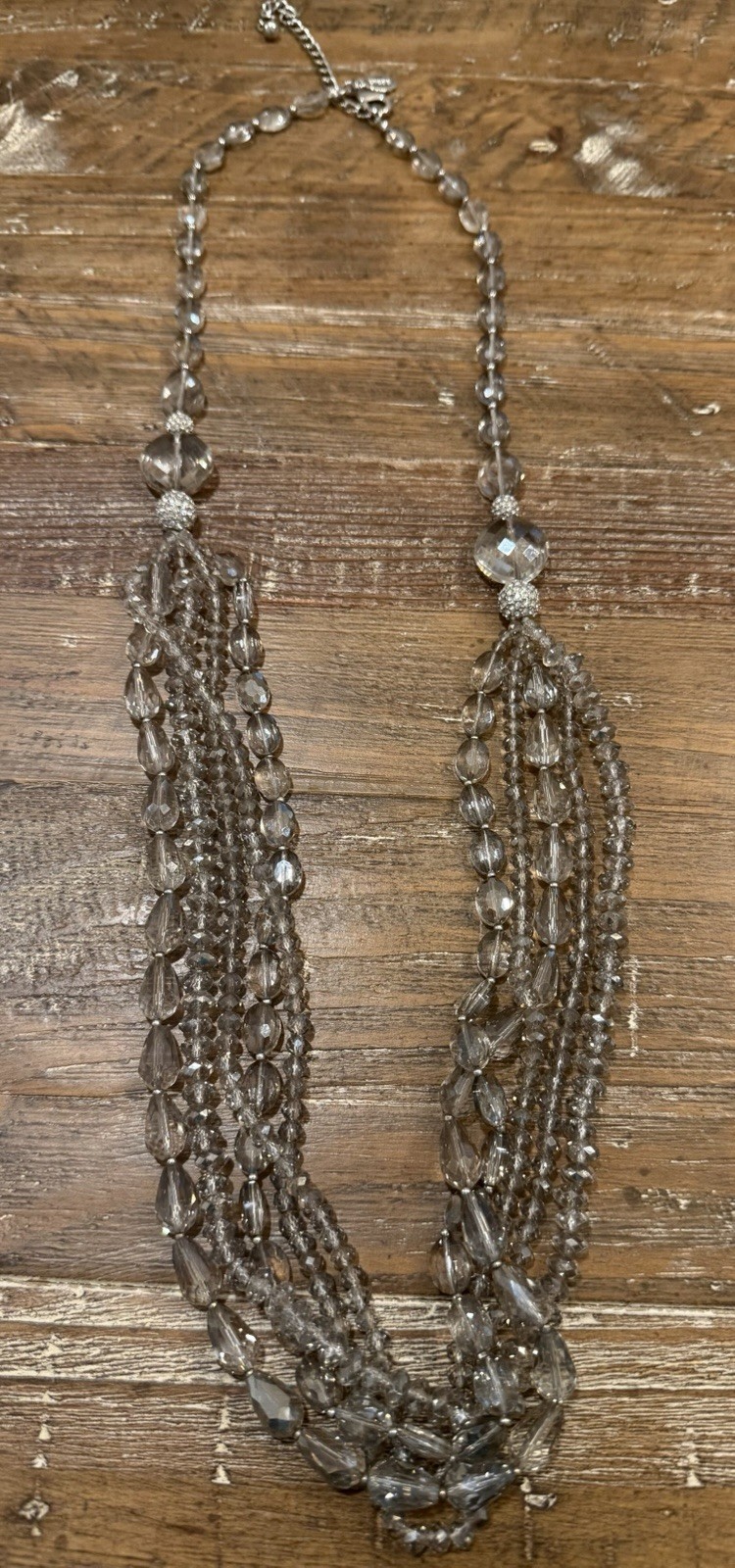 Chico’s Multi Strand Gray Glass & Crystal Necklace Silver Tone Statement Necklac