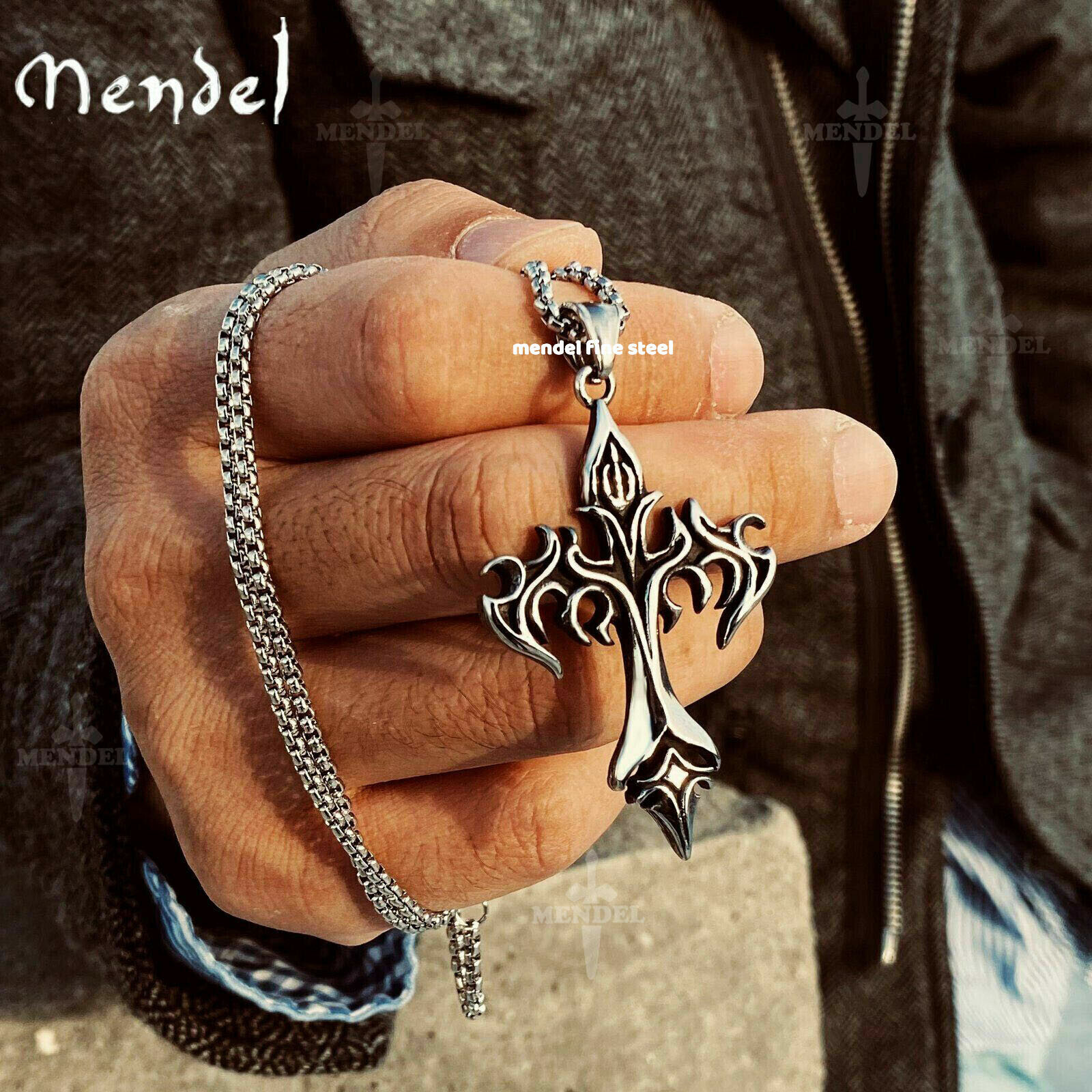 MENDEL Cool Boys Mens Stainless Steel Cross Pendant Necklace For Men Women Chain
